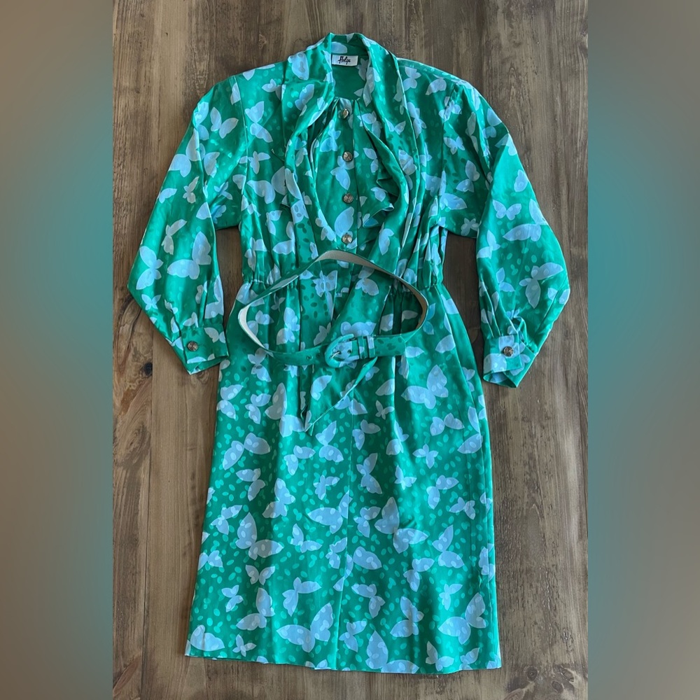 Vintage Helga Green Butterfly Print Dress and Belt Size 8